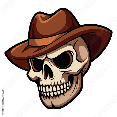 Cartoon Skull Wearing a Brown Cowboy Hat Illustration on White Background