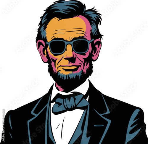 Pop Art Abraham Lincoln Illustration vector – Cool President Portrait with Sunglasses, Suit and Bow Tie –  Transparent Background
