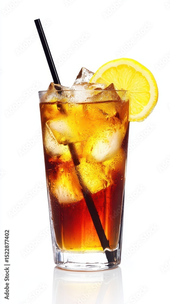 A tall glass of Long Island Iced Tea cocktail served with ice cubes, lemon wedge garnish, and a black straw. A tall glass of Long Island Iced Tea cocktail served with ice cubes, lemon wedge garnish, and a black straw.