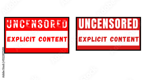 Fotografie Red rectangular badges are shown side by side, labeled UNCENSORED EXPLICIT CONTENT