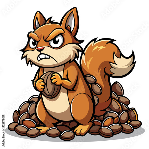 Cartoon Squirrel Holding a Nut on a Pile of Seeds with Angry Expression