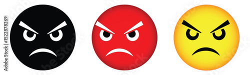 three angry emojis, black, red, and yellow, showing various degrees of displeasure and frustration in a simple graphic illustration