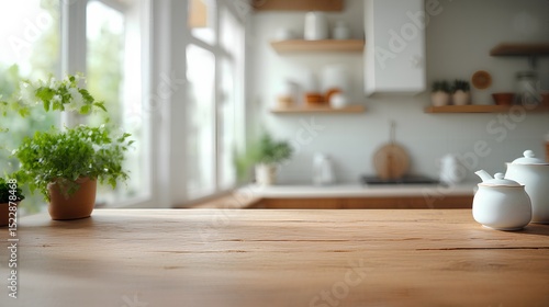 Wallpaper Mural A wooden kitchen countertop with a polished finish placed in the foreground with a blurred view of a modern open concept kitchen in the background | empty for product display Torontodigital.ca