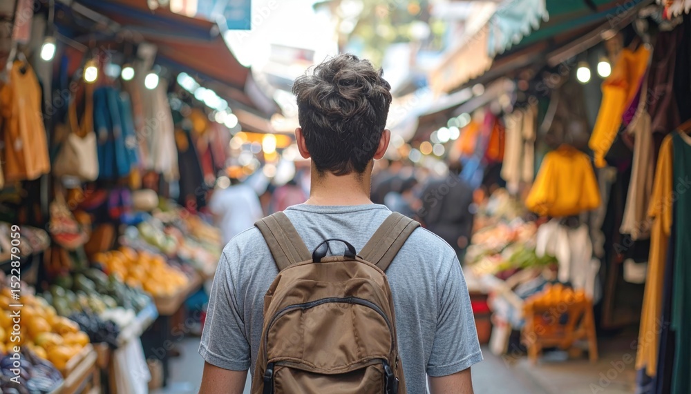 Man with backpack walks through a crowded outdoor market with colorful goods Man with backpack walks through a crowded outdoor market with colorful goods