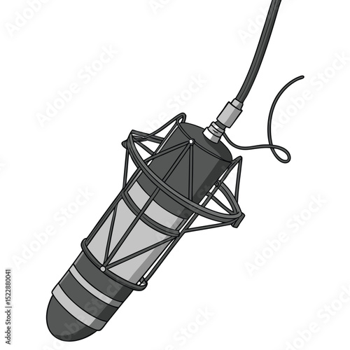 Sleek black studio microphone hanging broadcast ready audio music sound voice podcast recording