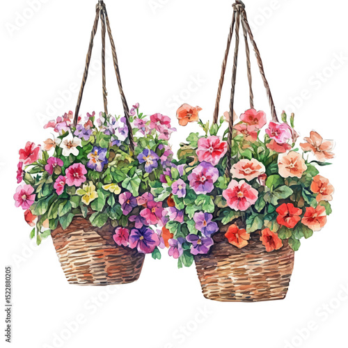Hanging Flower Baskets Bloom, watercolor illustration vector, high quality, isolated on a white background.