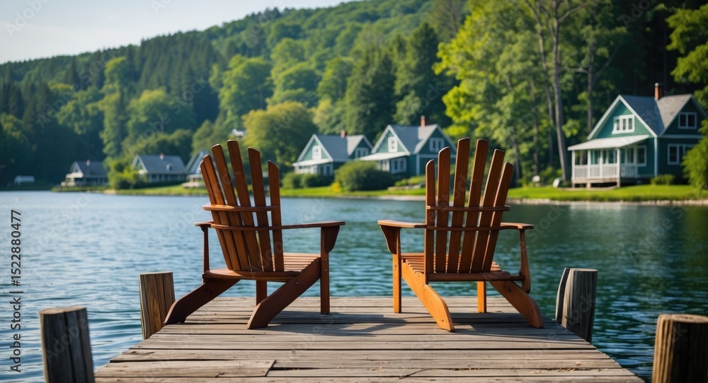 Fototapeta premium Two Adirondack Chairs Rest On A Wooden Dock Facing A Tranquil Lake, With Cottages Among Trees Line The Shore Across The Water, Completing The Scene, With Empty Space For Text