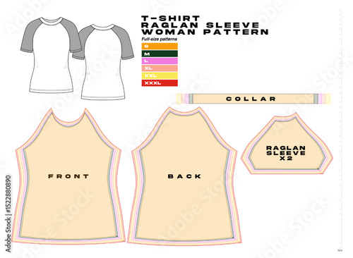 garment sewing pattern, urban clothes pattern. different sizes, t shirt Raglan sleeve pattern, woman tee