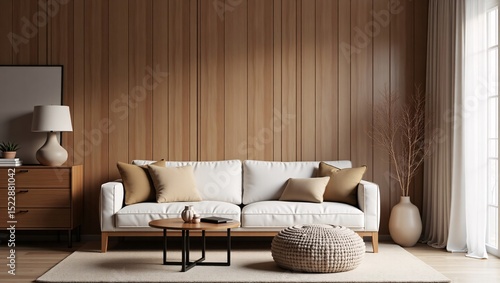 Modern living room interior design white sofa wooden wall