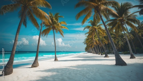 Fototapeta Naklejka Na Ścianę i Meble -  Beautiful white sand beach lined with palm trees with turquoise sea and blue sky. With empty copy space for text