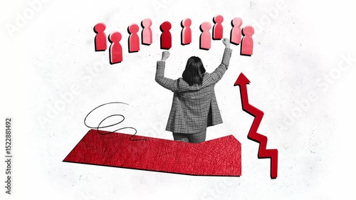 Motion poster collage video of happy businesswoman stand back arrow people team