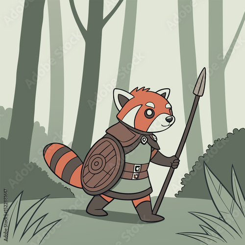 Fierce red panda warrior cute cartoon illustration icon brave funny animal strong forest bamboo