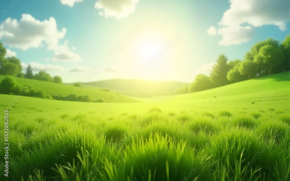 Obraz premium green grassland landscape with sunlight isolated background. High quality