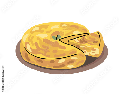 Vector illustration cartoon of a traditional Spanish tortilla de patatas made with potatoes and eggs, a staple dish of cuisine in Spain