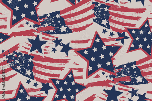 Seamless patriotic pattern with abstract stars and American flag textures in red, white, and blue. Grunge brush strokes on orange background. Bold USA-themed design for prints or textiles.
