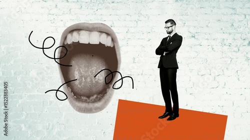 Creative poster motion collage video of puzzled employee hate boss scream abuse