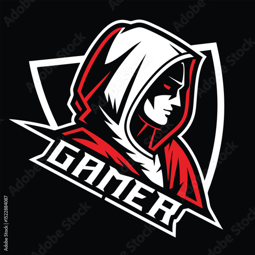 Red white hooded gamer logo stylish vector design for esports icon mask badge gaming symbol emblem