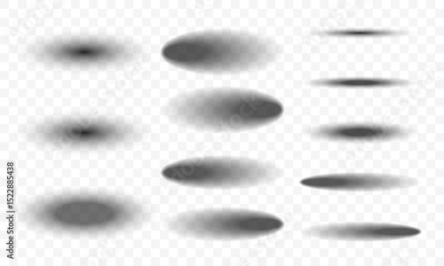 Vector set of shadows with soft gradients on transparent background, perfect for mockups, overlays, UI elements, product showcases and web design.