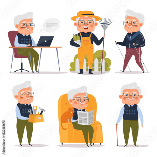 Cute grandfather collection. Elderly man character in different activities: working on computer, gardening, doing Nordic walking, reading newspaper, holding tools, and standing with a cane