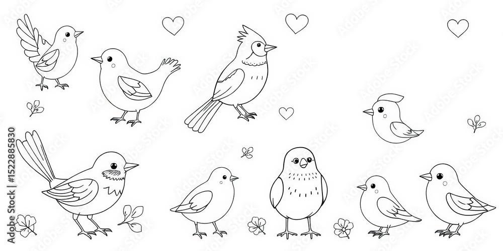 Obraz premium Whimsical black and white contour line drawings of cute Scandinavian-style birds; perfect for kids' projects, artwork, minimalist