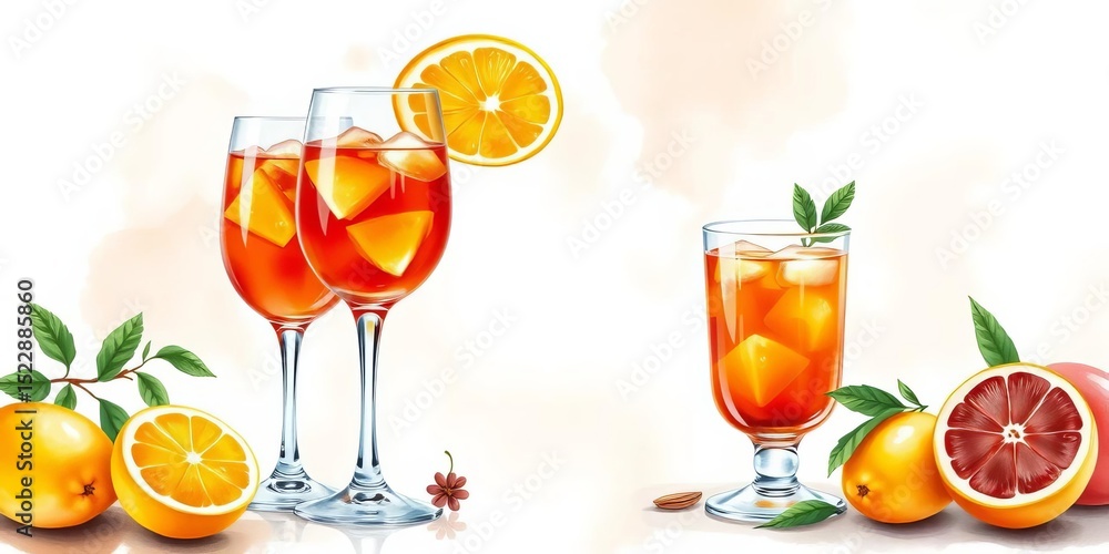 Fototapeta premium Watercolor illustration of an Aperol spritz cocktail set, featuring lemons and ancient-inspired elements, wedding, ancient