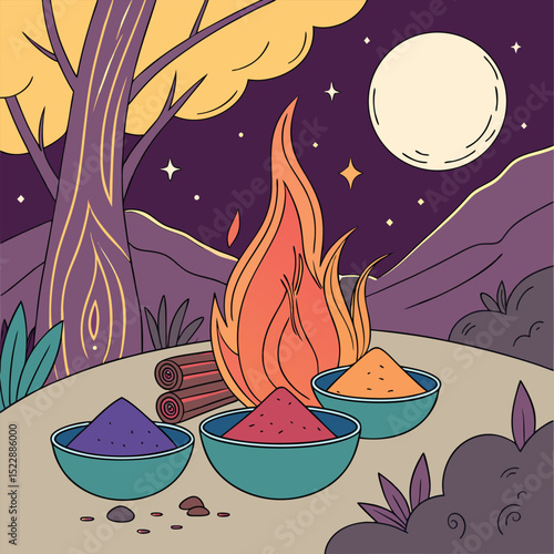 Holi festival campfire vibrant colors mystical haze mist bowls night india happy event powder joyful
