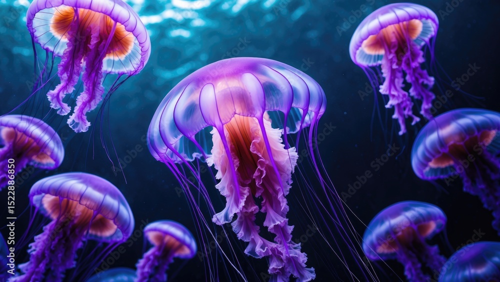 A beautiful purple jellyfish floating in the ocean with vibrant colors and intricate details. A beautiful purple jellyfish floating in the ocean with vibrant colors and intricate details.
