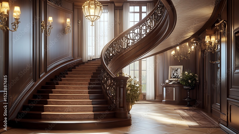 Obraz premium Elegant Dark Wood Curved Staircase Interior Design