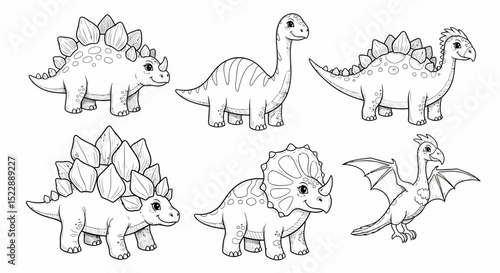 Cute Dinosaur Line Art Set for Kids Coloring Book