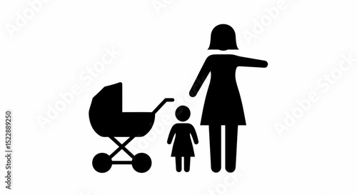Mother Child and Baby Carriage Illustration Black Silhouette Style