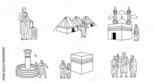 Pilgrimage to Mecca: Hajj rituals icons in Vector Format