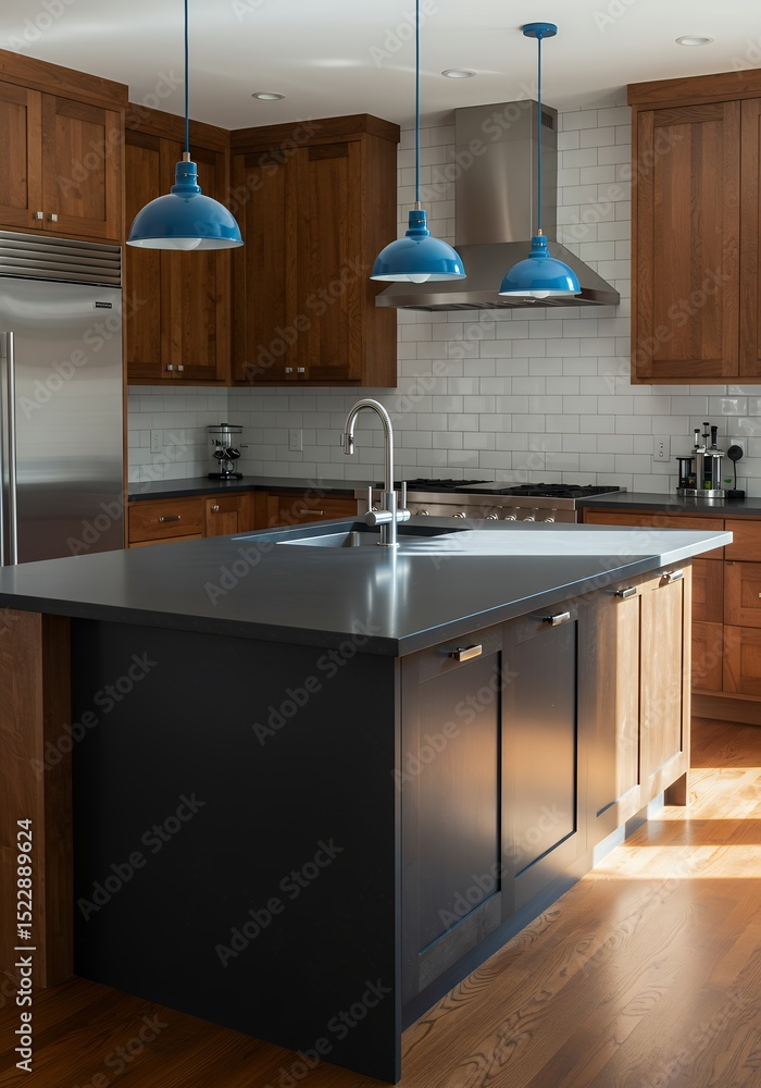 Fototapeta premium Kitchen Interior with Blue Pendant Lights