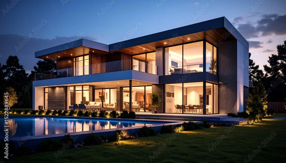 Luxury Modern House with Pool at Dusk Luxury Modern House with Pool at Dusk