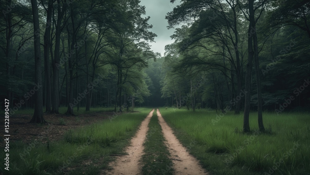 Fototapeta premium View of an empty trail in the woods with no people, dirt path, trees, and green grass.