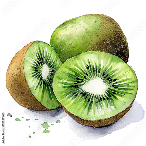 Fresh Kiwi, watercolor vector, high quality, isolated on a white background.