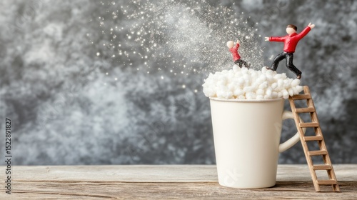 Miniature figures on popcorn in a mug, snowy effect, wooden surface