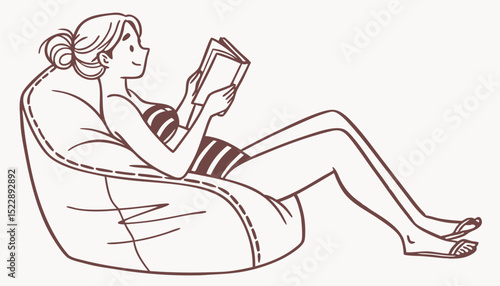 Young woman sitting on armchair and reading a book wearing bikini. Comfortable pose. Relax, stay home, education, coziness, rest, hobby, lazy time concept. Hand drawn Vector illustration. Isolated des