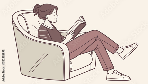 Young woman sitting on armchair and reading a book wearing bikini. Comfortable pose. Relax, stay home, education, coziness, rest, hobby, lazy time concept. Hand drawn Vector illustration. Isolated des