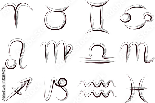 black dark bordo color scribble outline art zodiac signs set