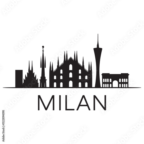 Vector Milan skyline. Travel Milan famous landmarks. Business and tourism concept for presentation, banner, web site. Vector black silhouette. with white background