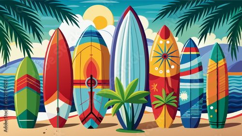 Colorful surfboards lined up on a tropical beach with sun, palm trees and sea waves in a vibrant summer landscape