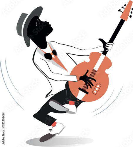 African singing guitar player. 
African guitarist plays electric guitar and sings. Isolated on white background
