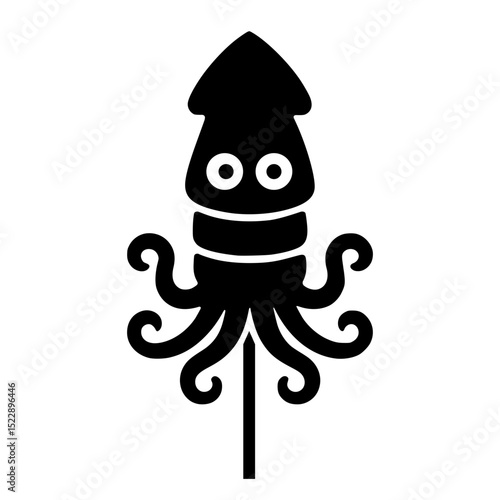 Grilled squid on skewer icon — playful black vector with cartoon eyes and curled arms