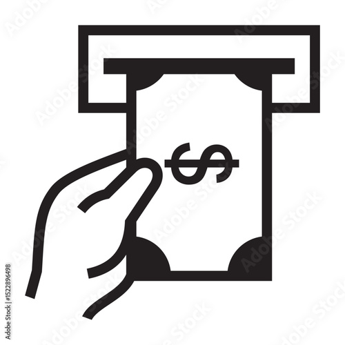 Black and white icon of a hand pulling a dollar currency note from a slot, illustrated in a bold and minimal line art style.