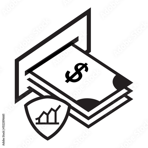 Stacked dollar bills with a shield symbol, representing financial security, insurance, or investment protection. Icon Design Vector Illustration.