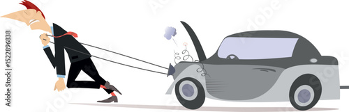 Man dragging a broken car. 
Road accident. Tired man with a great effort dragging a broken car
