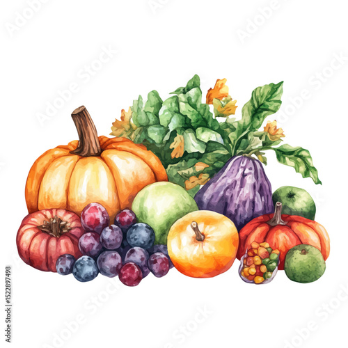 Fall Harvest Festival Produce, watercolor illustration vector, high quality, isolated on a white background.