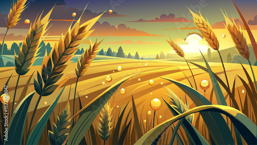Delicate drops of morning dew cling to golden wheat stalks. A soft-focus countryside field wakes under dawn. Nature, harvest, purity, rural calm, and life in focus.

Keywords: dew, wheat, morning, fie