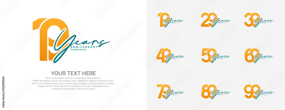 Fototapeta premium Anniversary logo set vector design, orange and blue color for celebration event