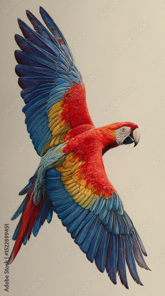 Obraz premium A vibrant scarlet macaw in flight displaying its colorful plumage against a neutral background